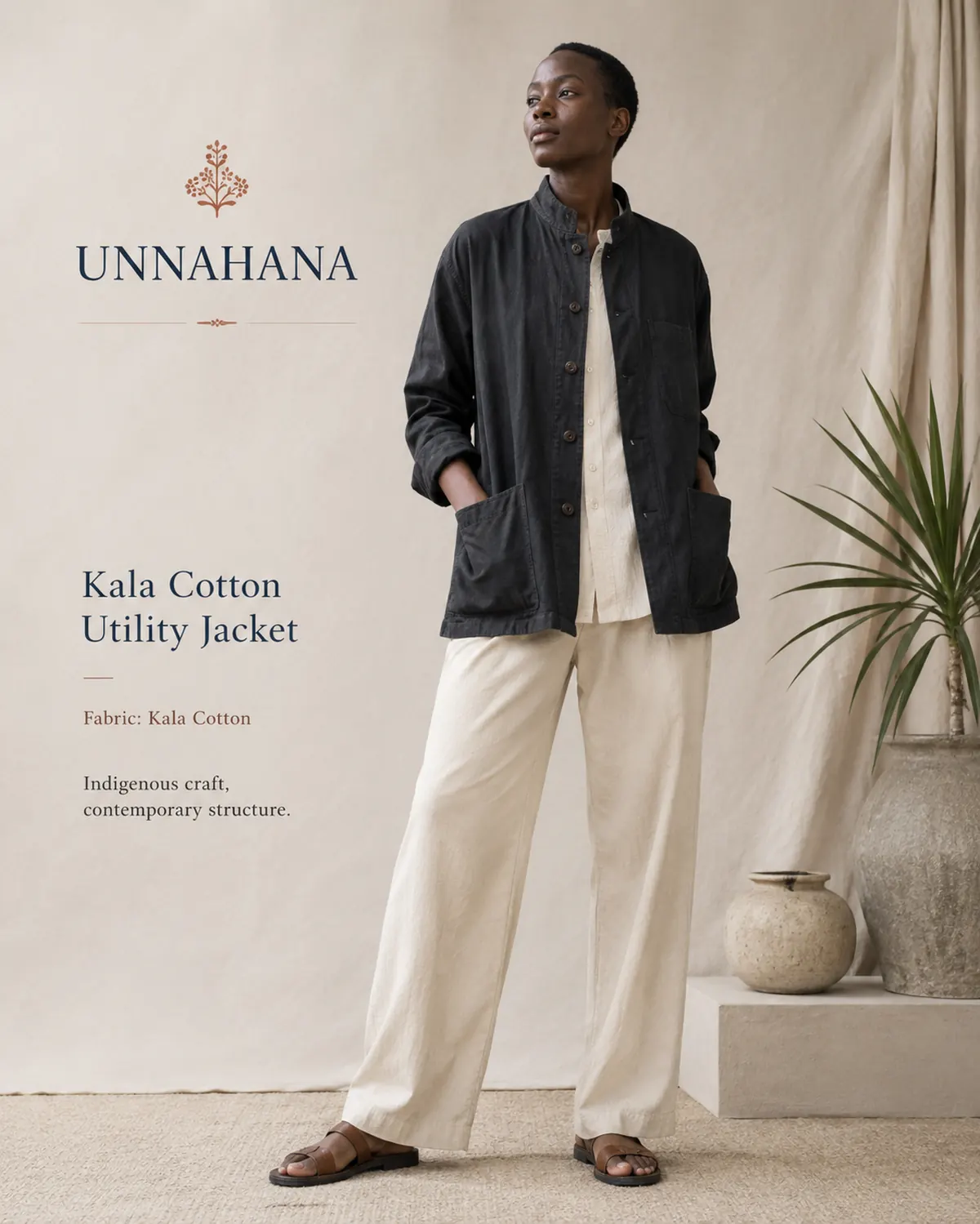 Structured utility layer styled as a contemporary evening direction