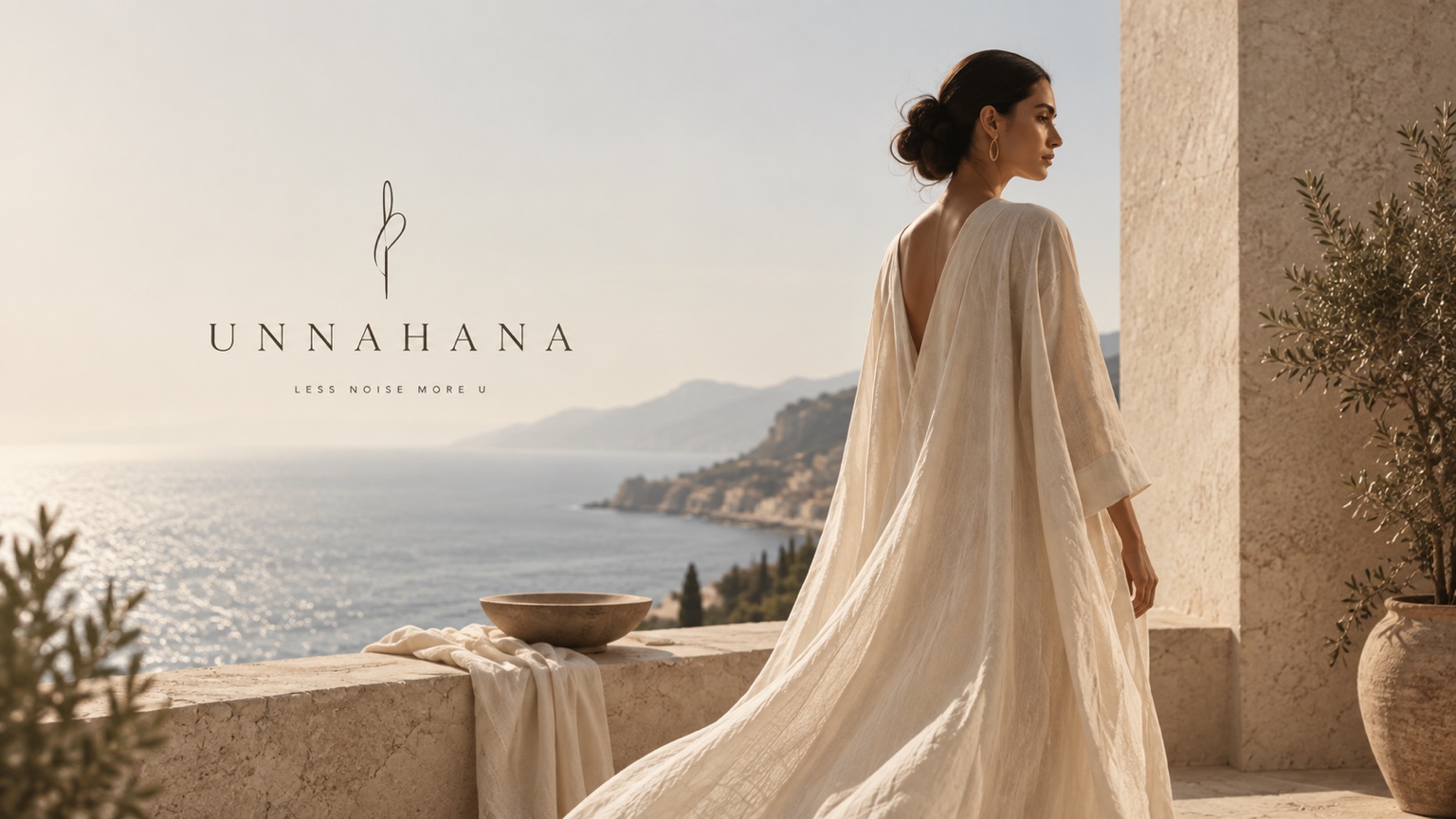 UNNAHANA model in a flowing ivory garment overlooking the sea